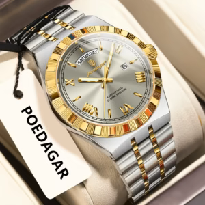 POEDAGAR 675 Quartz Analog Watch in gold gray with stainless steel linked bracelet.