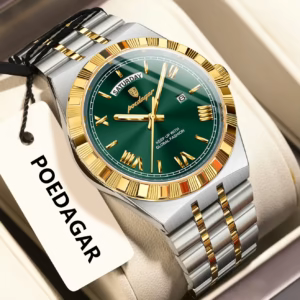 POEDAGAR 675 Quartz Analog Watch in gold green variation with a stainless steel linked bracelet.