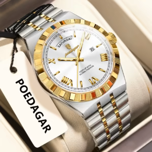 POEDAGAR 675 Quartz Analog Watch in gold white with a stainless steel linked bracelet.