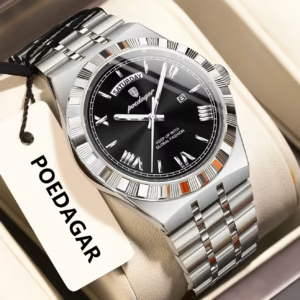 Silver black POEDAGAR 675 Quartz Analog Watch with stainless steel linked bracelet.