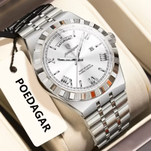Silver white POEDAGAR 675 Quartz Analog Watch with a stainless steel bracelet.