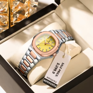 POEDAGAR 708 Quartz Analog Watch with yellow dial and two-tone stainless steel bracelet.