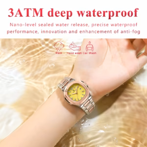 POEDAGAR 708 Quartz Analog Watch with yellow dial worn on wrist underwater.