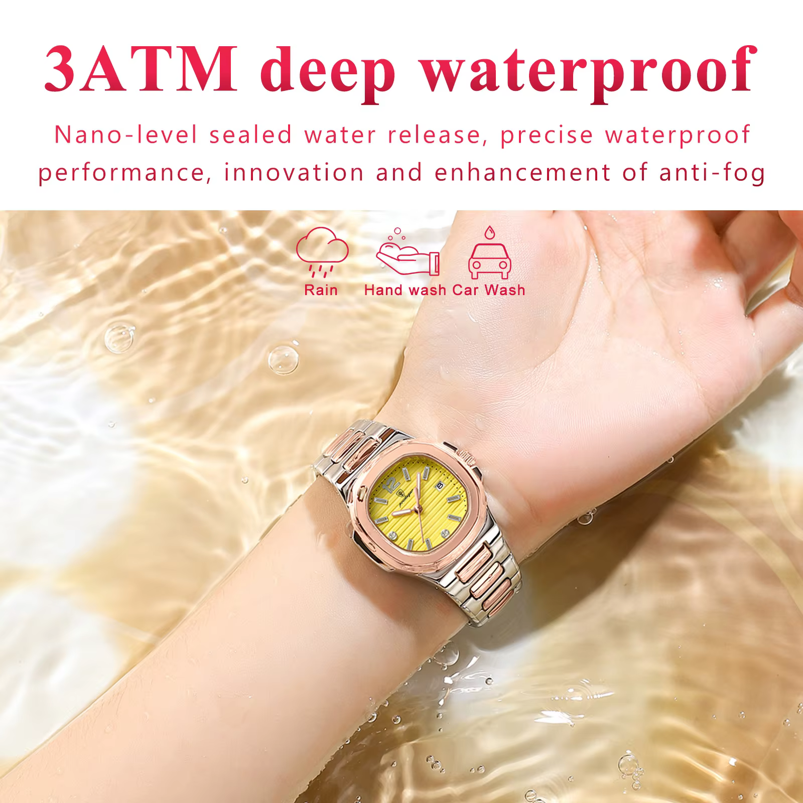 POEDAGAR 708 Quartz Analog Watch with yellow dial worn on wrist underwater.