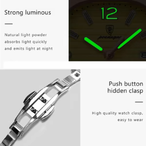 POEDAGAR 708 Quartz Analog Watch with luminous green hands and silver push-button hidden clasp.