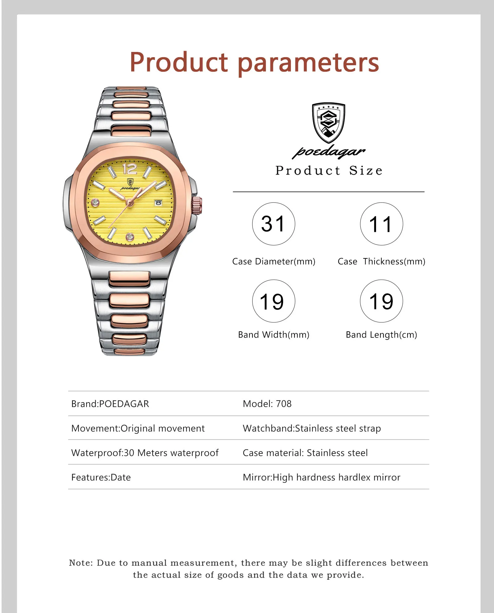 POEDAGAR 708 Quartz Analog Watch information.