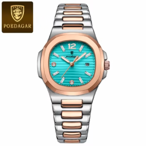 POEDAGAR 708 Quartz Analog Watch in rose gold and silver with a turquoise dial.