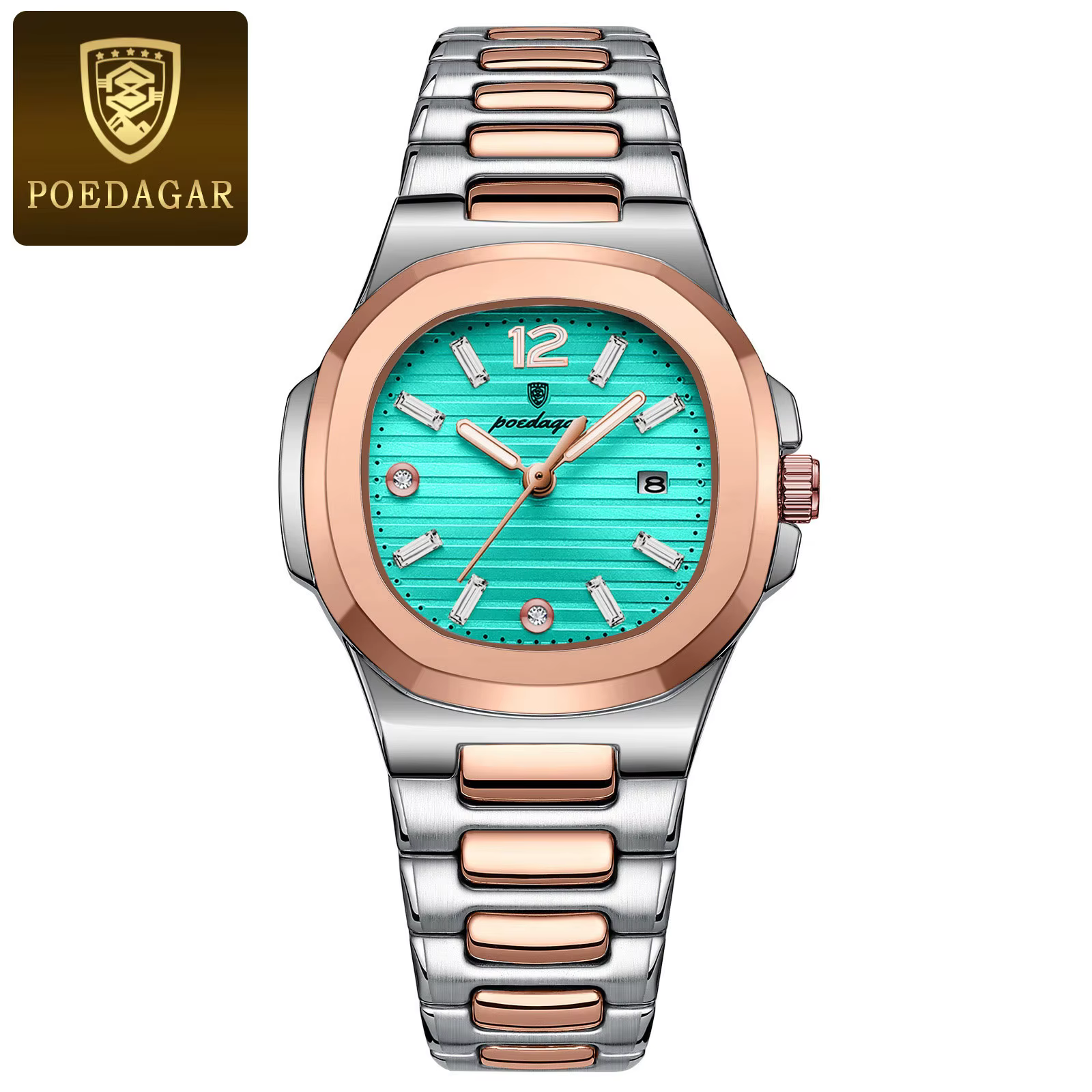 POEDAGAR 708 Quartz Analog Watch in rose gold and silver with a turquoise dial.