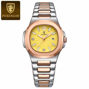 POEDAGAR 708 Quartz Analog Watch in rose gold and yellow with a stainless steel bracelet.