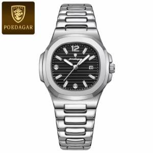 Silver black POEDAGAR 708 Quartz Analog Watch with a stainless steel bracelet.