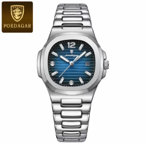 POEDAGAR 708 Quartz Analog Watch in silver blue with a stainless steel bracelet.