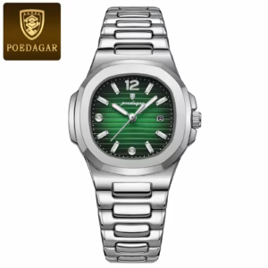 Silver green POEDAGAR 708 Quartz Analog Watch with a stainless steel bracelet.