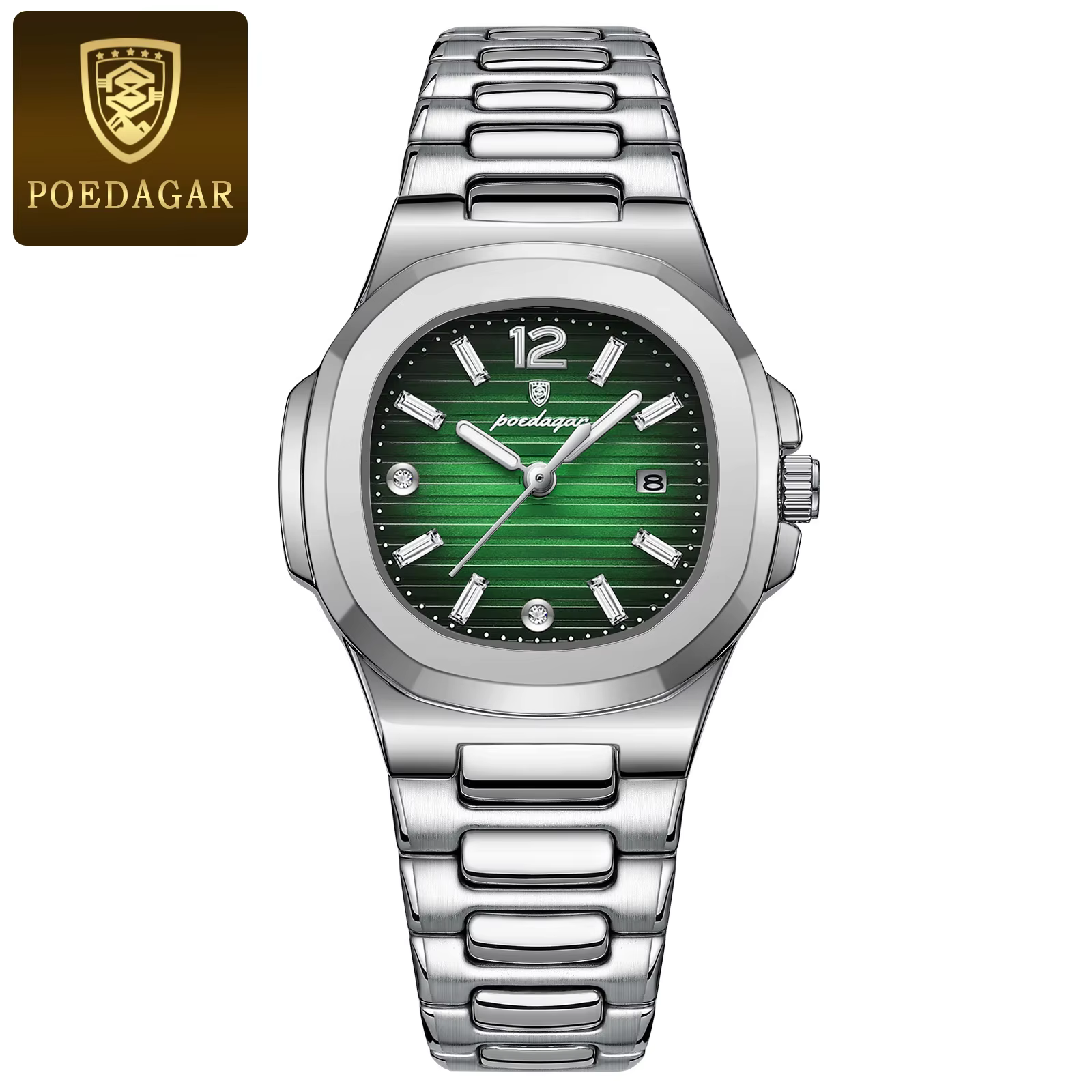 Silver green POEDAGAR 708 Quartz Analog Watch with a stainless steel bracelet.