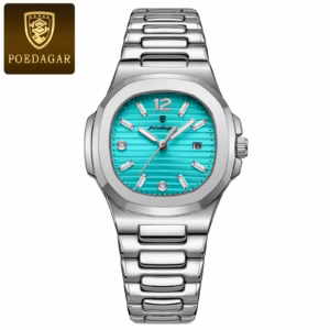 Silver POEDAGAR 708 Quartz Analog Watch with a mint blue dial and stainless steel bracelet.