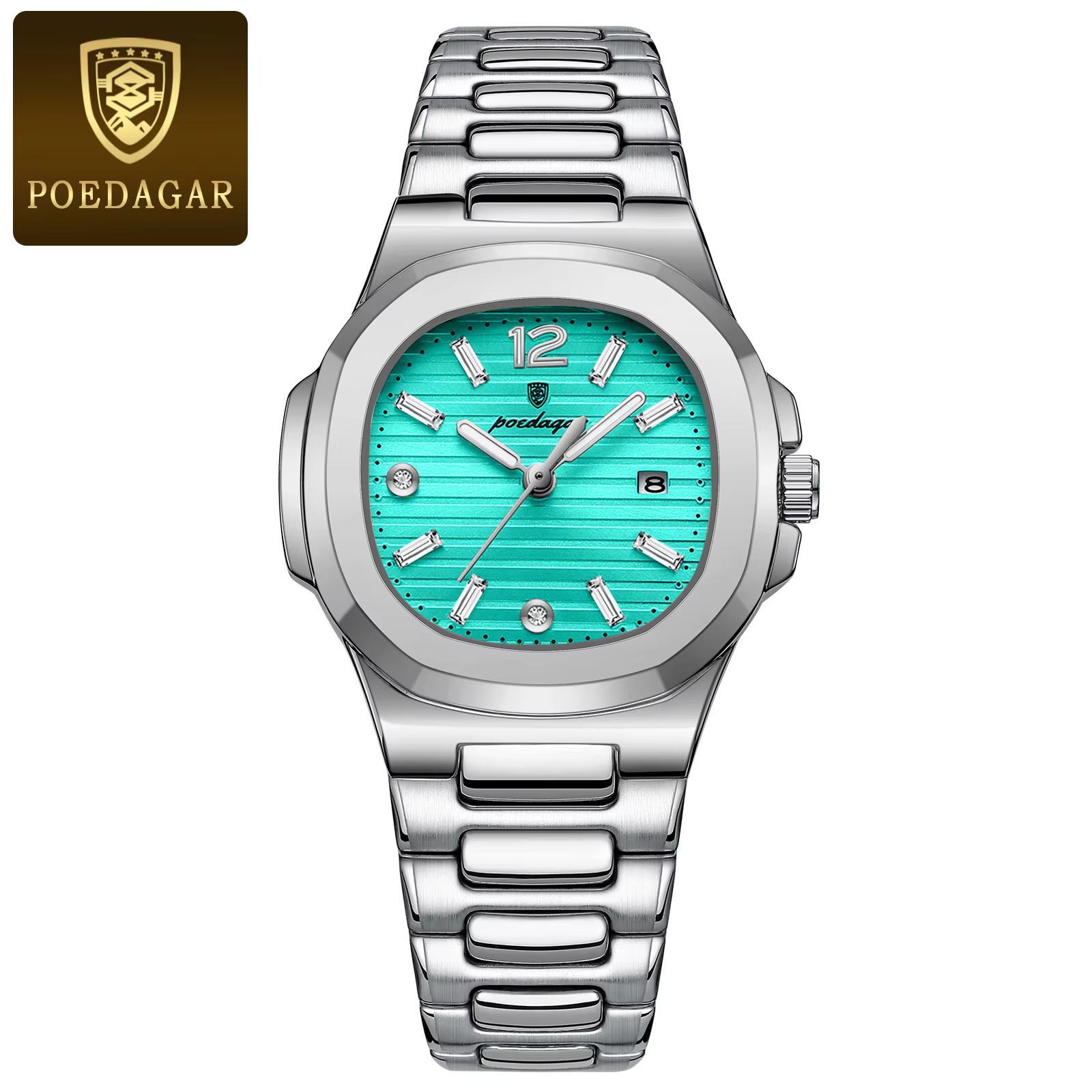 Silver POEDAGAR 708 Quartz Analog Watch with a mint blue dial and stainless steel bracelet.