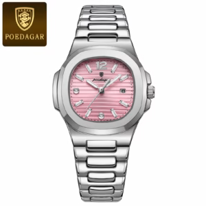 Silver pink variation of the POEDAGAR 708 Quartz Analog Watch with stainless steel bracelet.