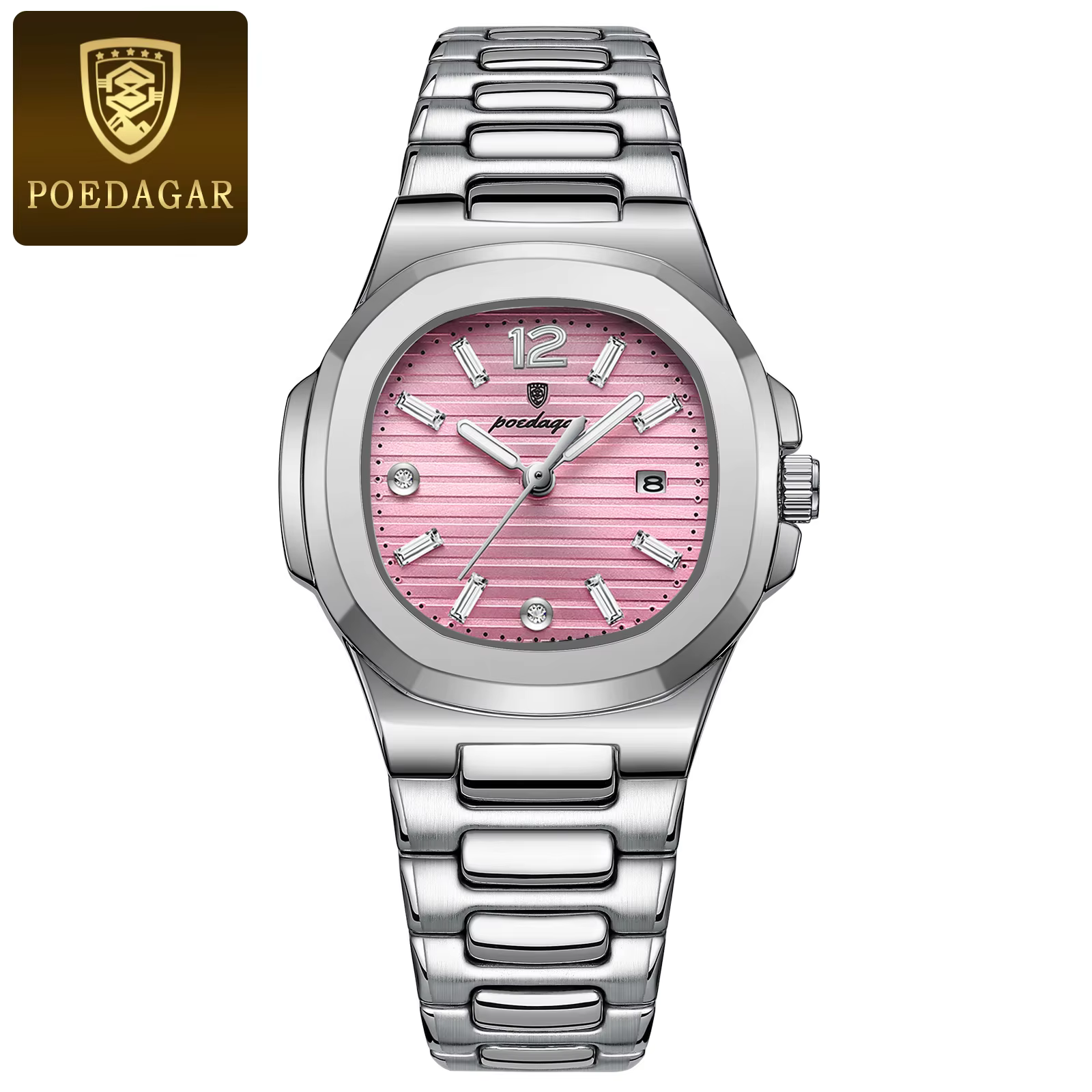 Silver pink variation of the POEDAGAR 708 Quartz Analog Watch with stainless steel bracelet.