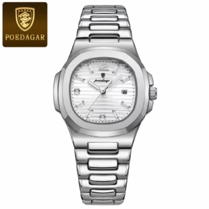 Silver white POEDAGAR 708 Quartz Analog Watch with a stainless steel bracelet.