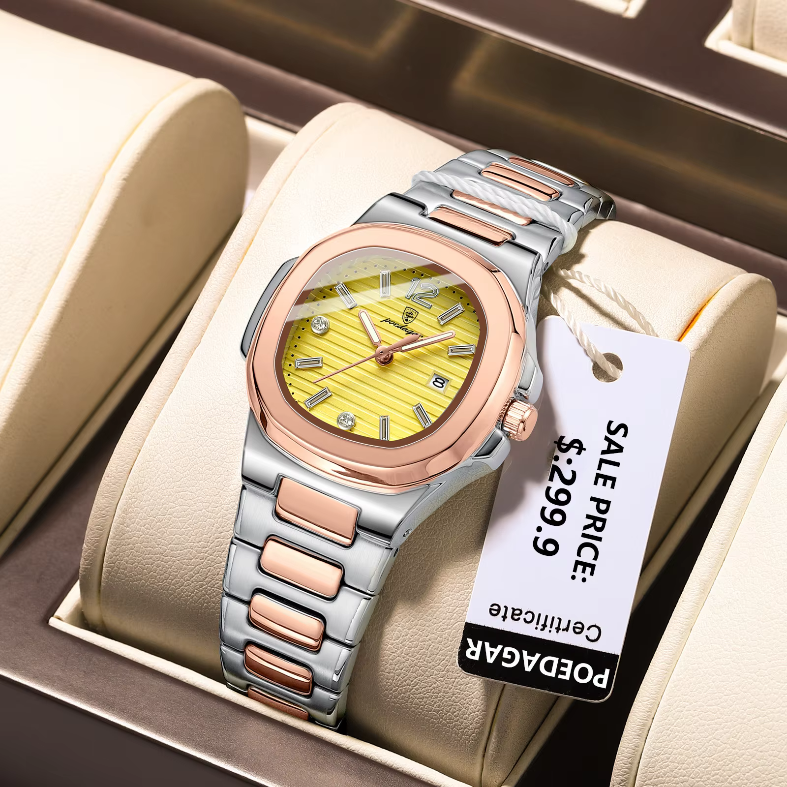 POEDAGAR 708 Quartz Analog Watch in silver and rose gold with a yellow dial.
