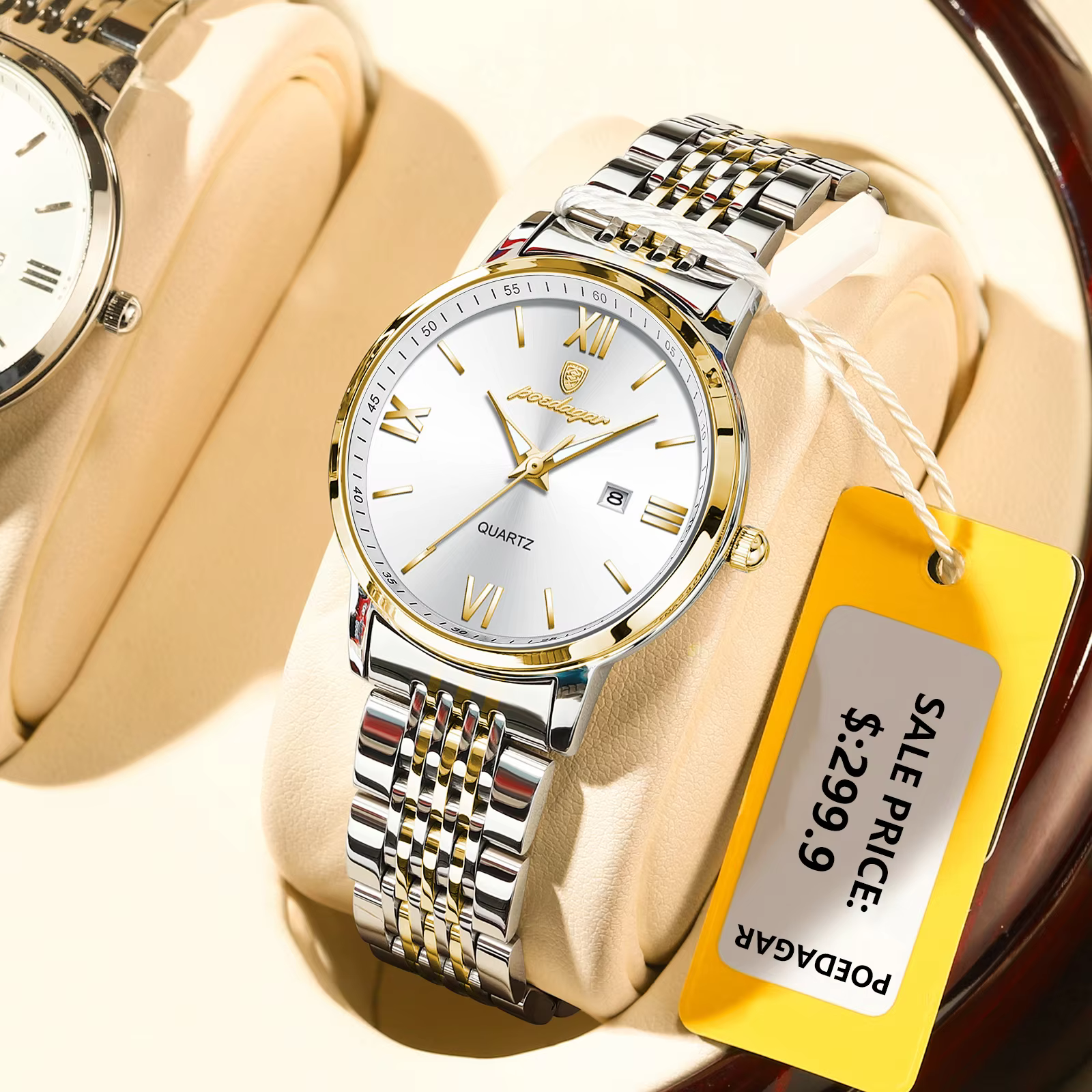 Silver and gold POEDAGAR 716 Quartz Analog Watch with white dial.