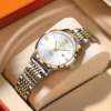 POEDAGAR 716 Quartz Analog Watch with white dial and silver and gold stainless steel bracelet.
