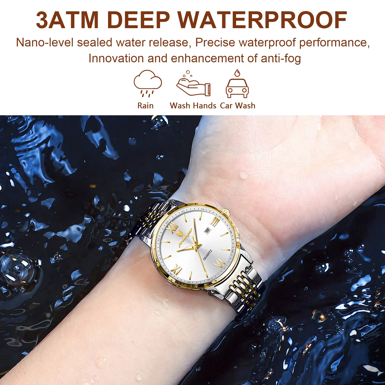Silver and gold POEDAGAR 716 Quartz Analog Watch on wrist over splashing water.