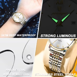 Gallery displaying luminous hands and stainless steel strap of POEDAGAR 716 Quartz Analog Watch.