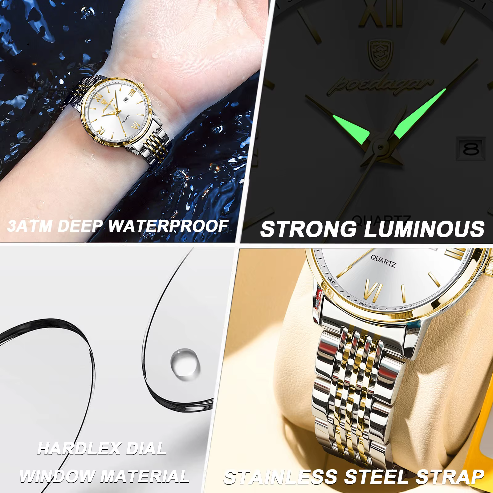 Gallery displaying luminous hands and stainless steel strap of POEDAGAR 716 Quartz Analog Watch.
