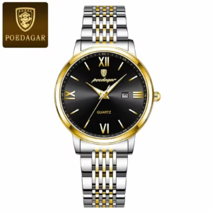 POEDAGAR 716 Quartz Analog Watch in Gold Black variation with a stainless steel bracelet.