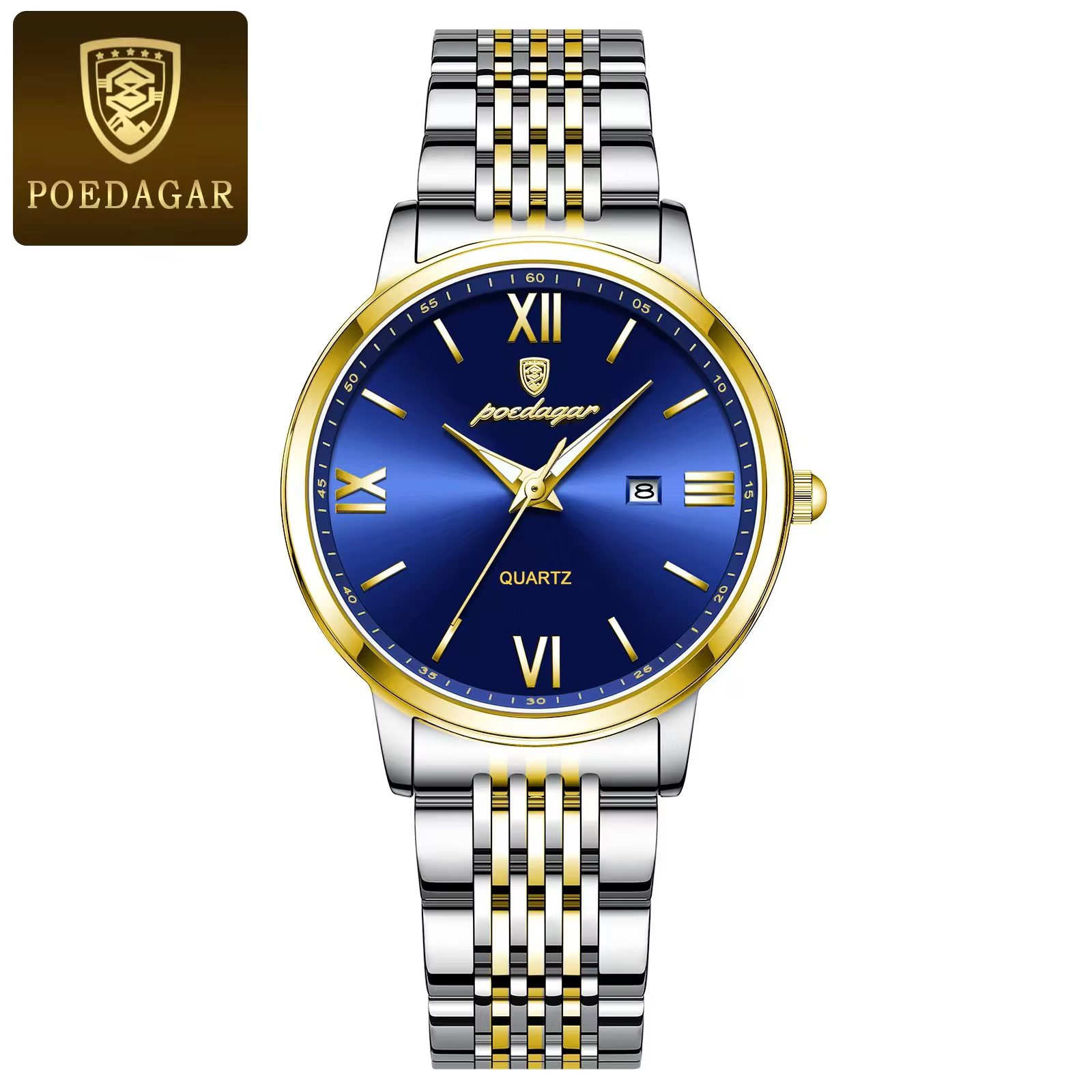 POEDAGAR 716 Quartz Analog Watch in gold blue with a stainless steel bracelet.