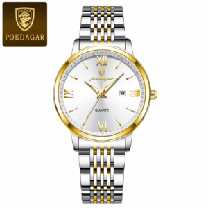 POEDAGAR 716 Quartz Analog Watch in Gold White with a stainless steel bracelet.