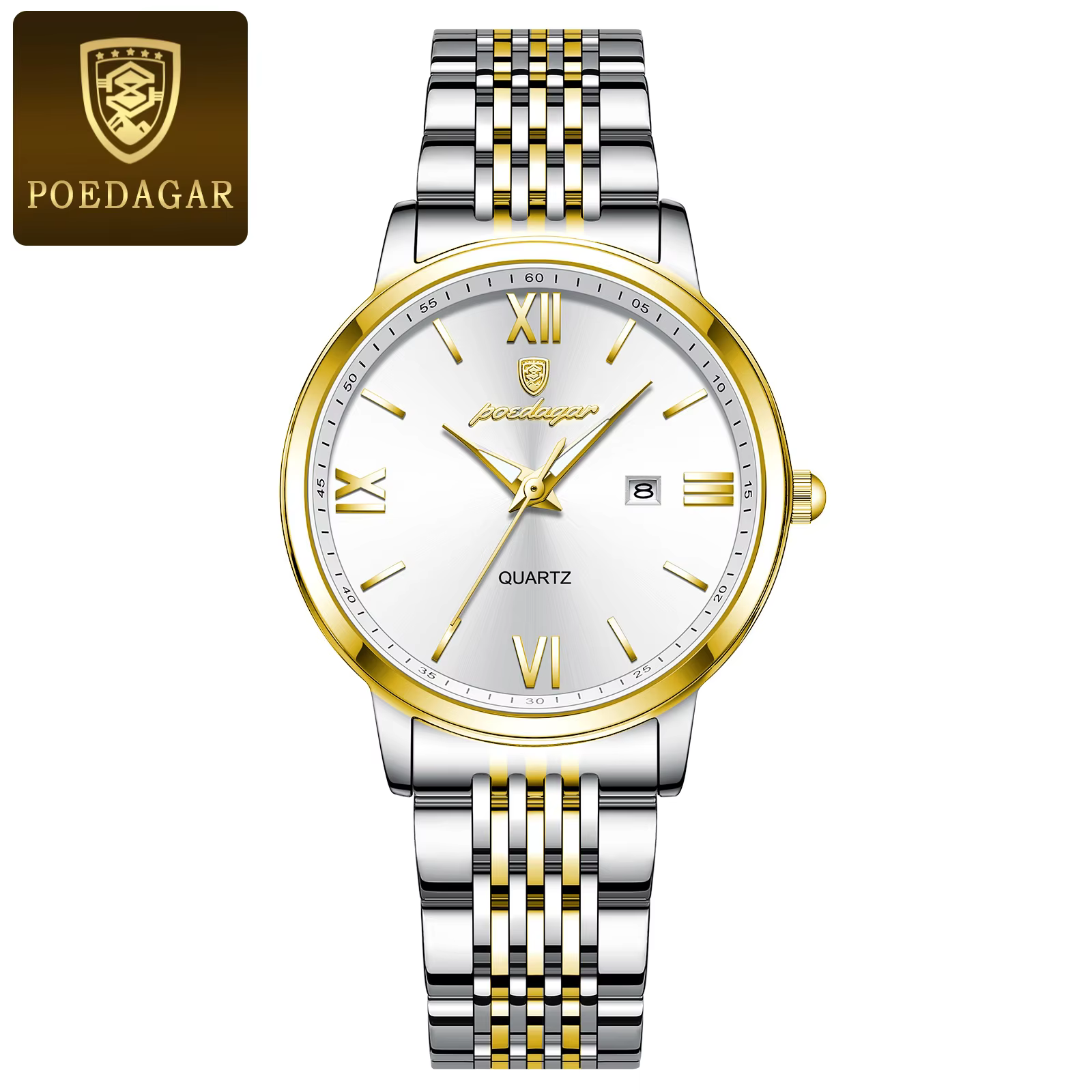 POEDAGAR 716 Quartz Analog Watch in Gold White with a stainless steel bracelet.
