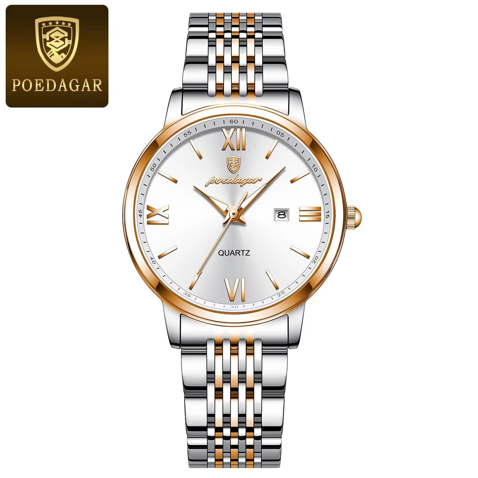 POEDAGAR 716 Quartz Analog Watch in Rose Gold White with a stainless steel bracelet.