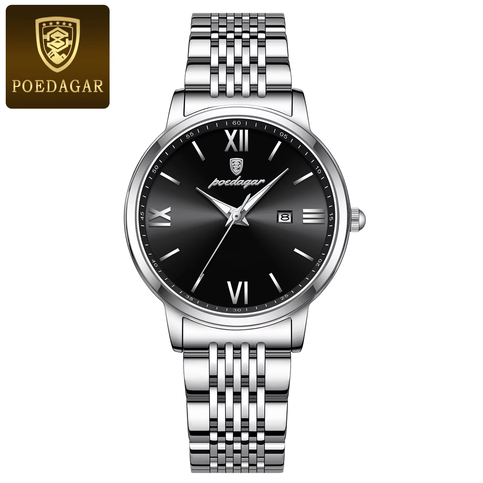 POEDAGAR 716 Quartz Analog Watch with a silver stainless steel bracelet and black dial.