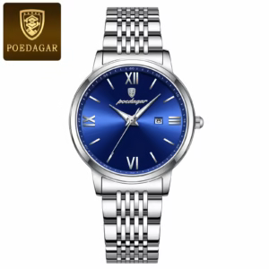 POEDAGAR 716 Quartz Analog Watch with a silver bracelet and blue dial.
