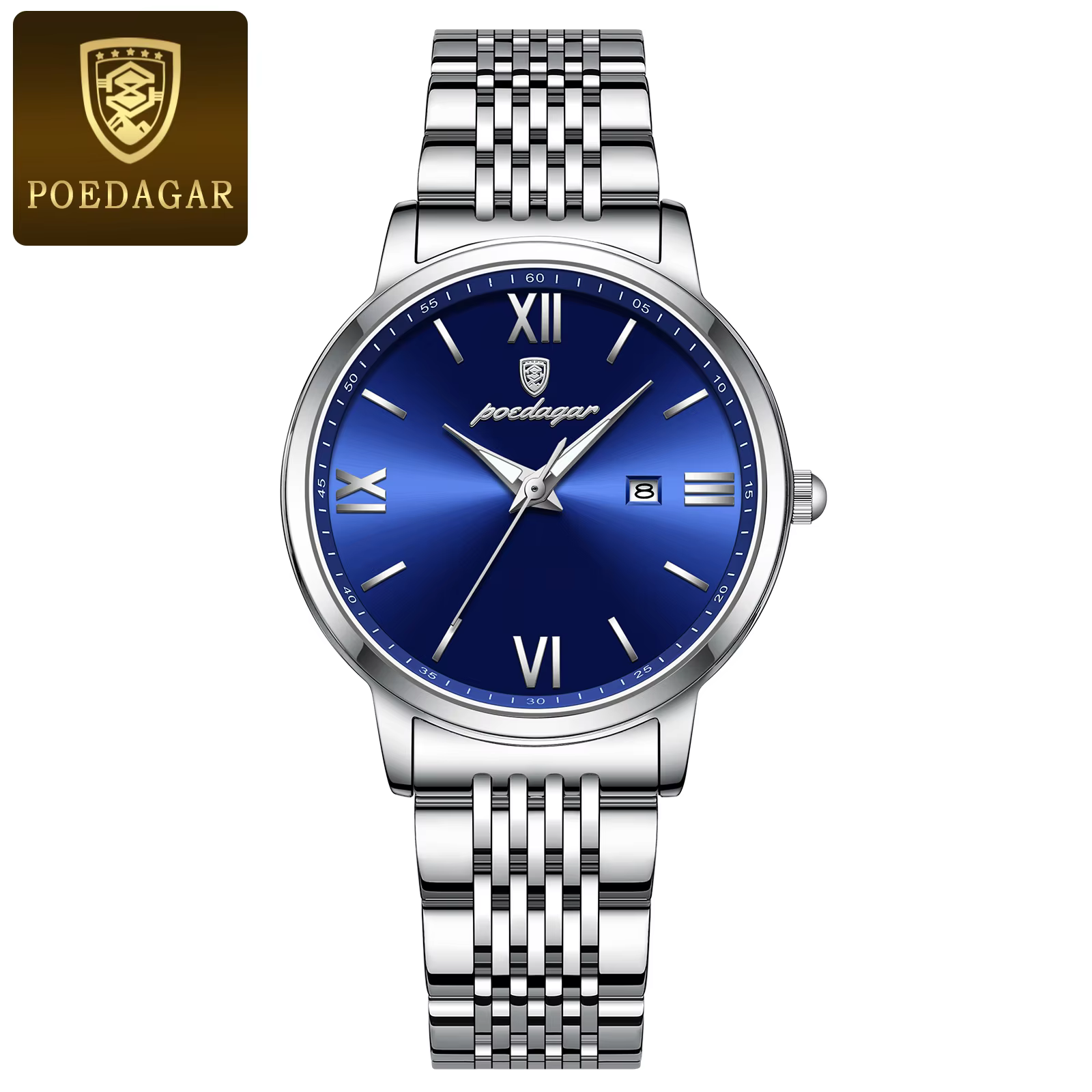 POEDAGAR 716 Quartz Analog Watch with a silver bracelet and blue dial.
