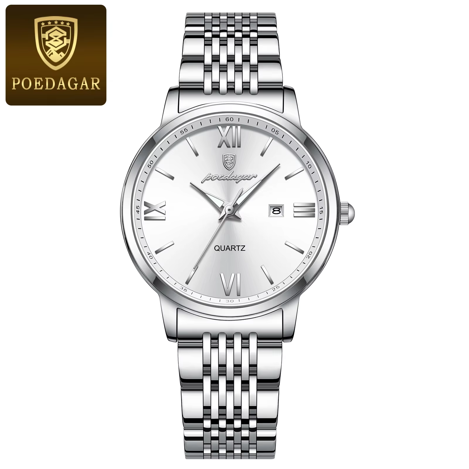 POEDAGAR 716 Quartz Analog Watch in silver white with a stainless steel bracelet.