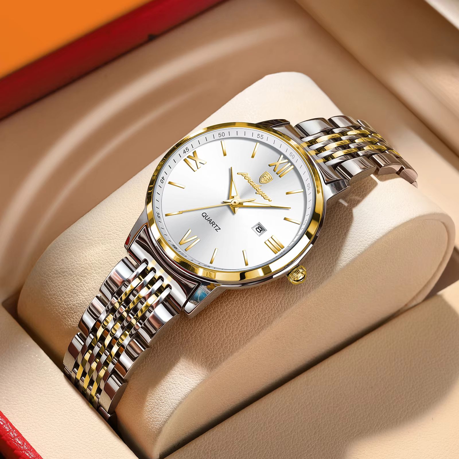 POEDAGAR 716 Quartz Analog Watch with white dial and silver and gold stainless steel bracelet.