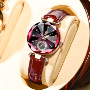 Red POEDAGAR 719L Quartz Analog Watch with a faceted dial and leather band.