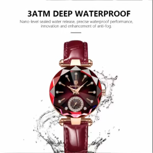 POEDAGAR 719L Quartz Analog Watch with a red faceted dial and a dark red leather band.