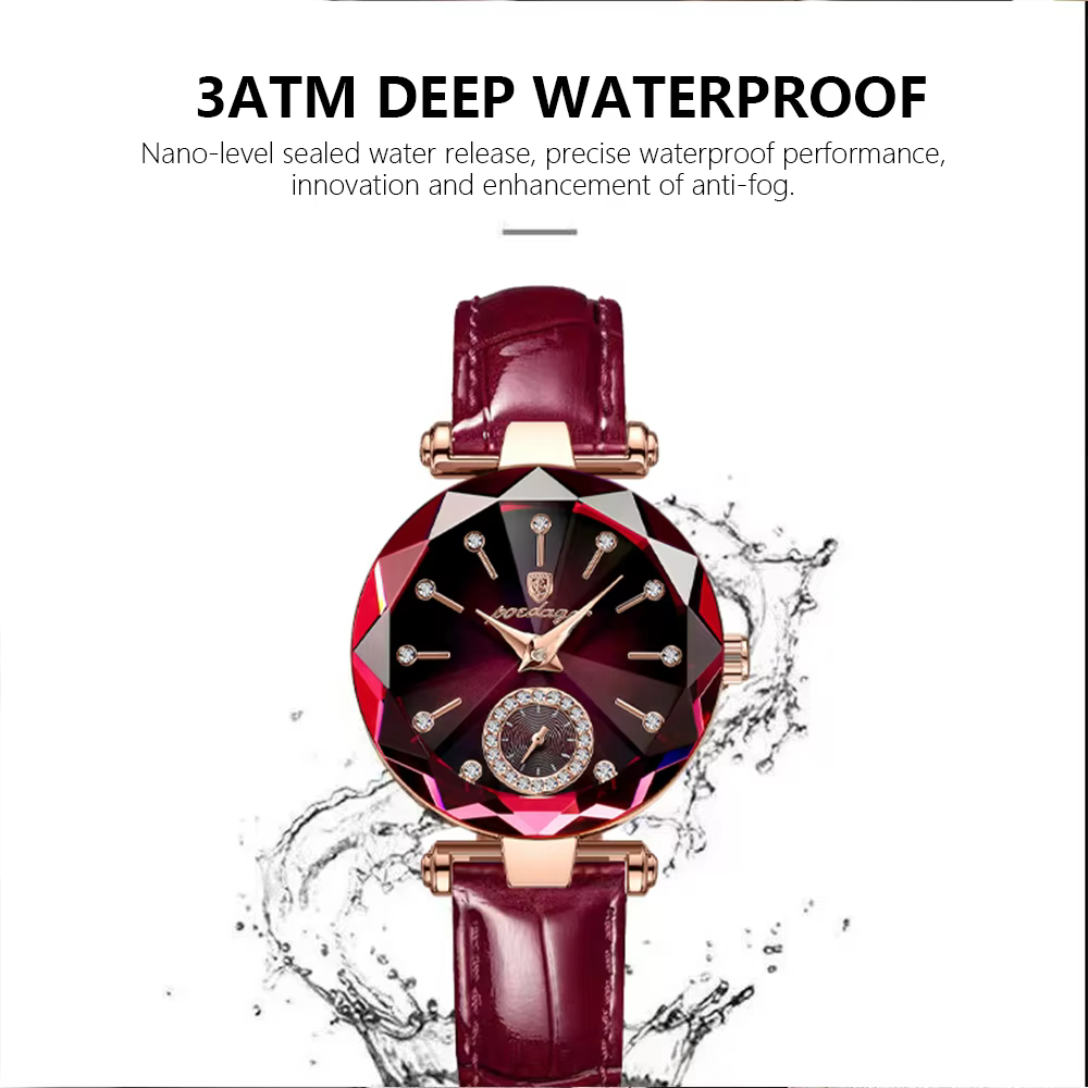 POEDAGAR 719L Quartz Analog Watch with a red faceted dial and a dark red leather band.