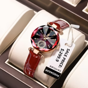POEDAGAR 719L Quartz Analog Watch with red faceted dial and red leather band.