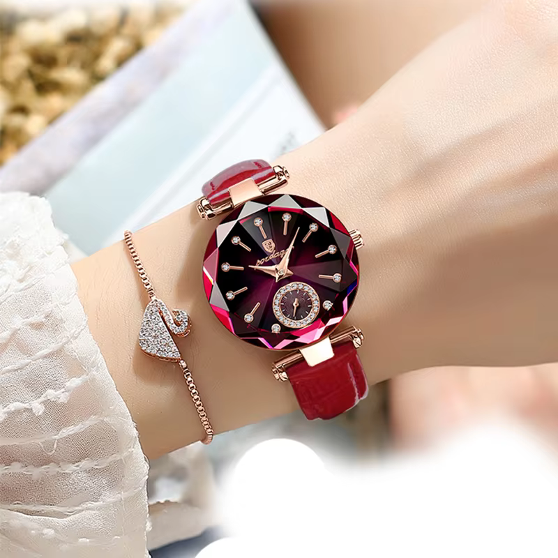 POEDAGAR 719L Quartz Analog Watch with a red faceted dial and leather band on wrist.