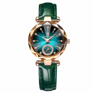 POEDAGAR 719L Quartz Analog Watch with rose gold case and green leather band.