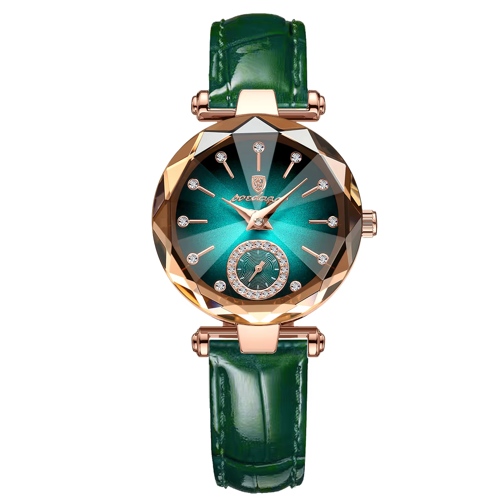 POEDAGAR 719L Quartz Analog Watch with rose gold case and green leather band.