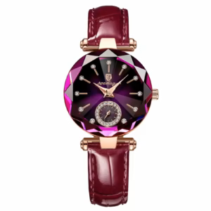 POEDAGAR 719L Quartz Analog Watch in rose gold and purple with faceted dial and leather band.