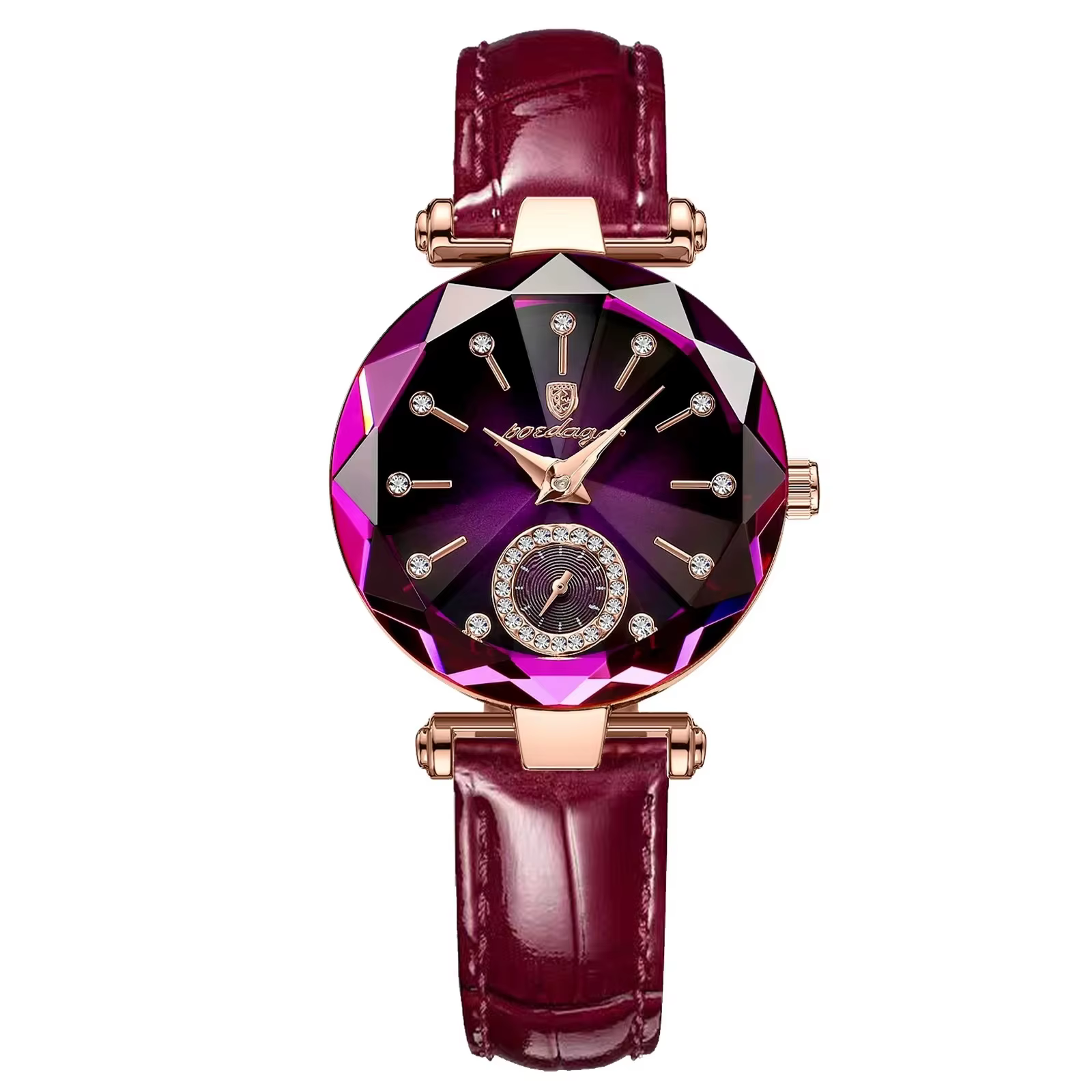 POEDAGAR 719L Quartz Analog Watch in rose gold and purple with faceted dial and leather band.
