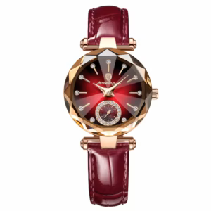 POEDAGAR 719L Quartz Analog Watch in rose gold red with a leather band.