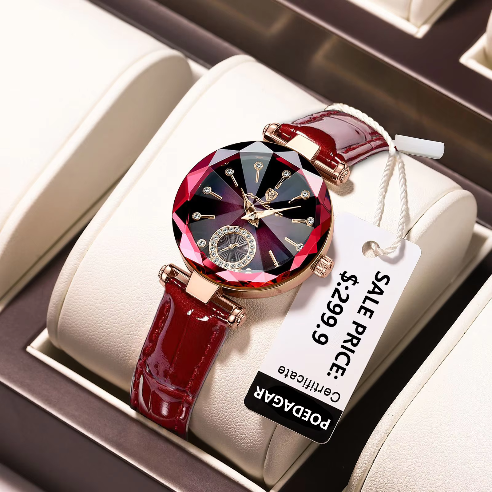 POEDAGAR 719L Quartz Analog Watch with red faceted dial and red leather band.