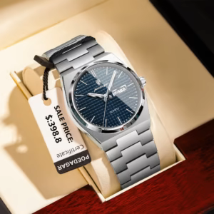 POEDAGAR 821 Quartz Analog Watch in silver stainless steel with blue patterned dial.